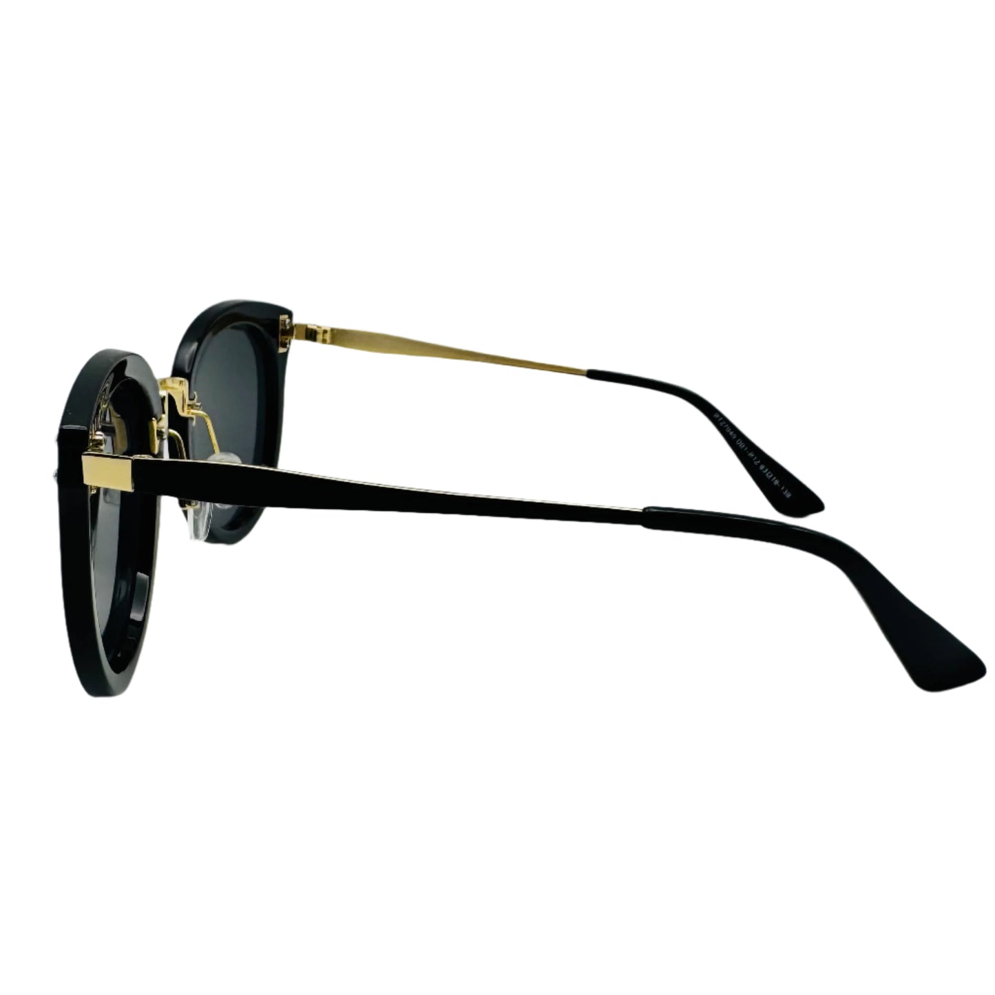 Black sunglasses with gold accents on a white background