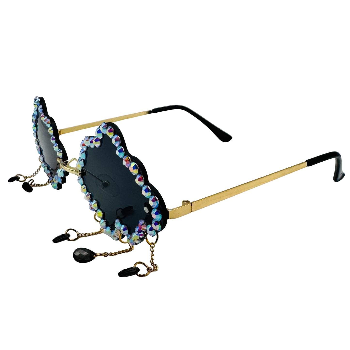 Sunglasses with decorative chain on a white background