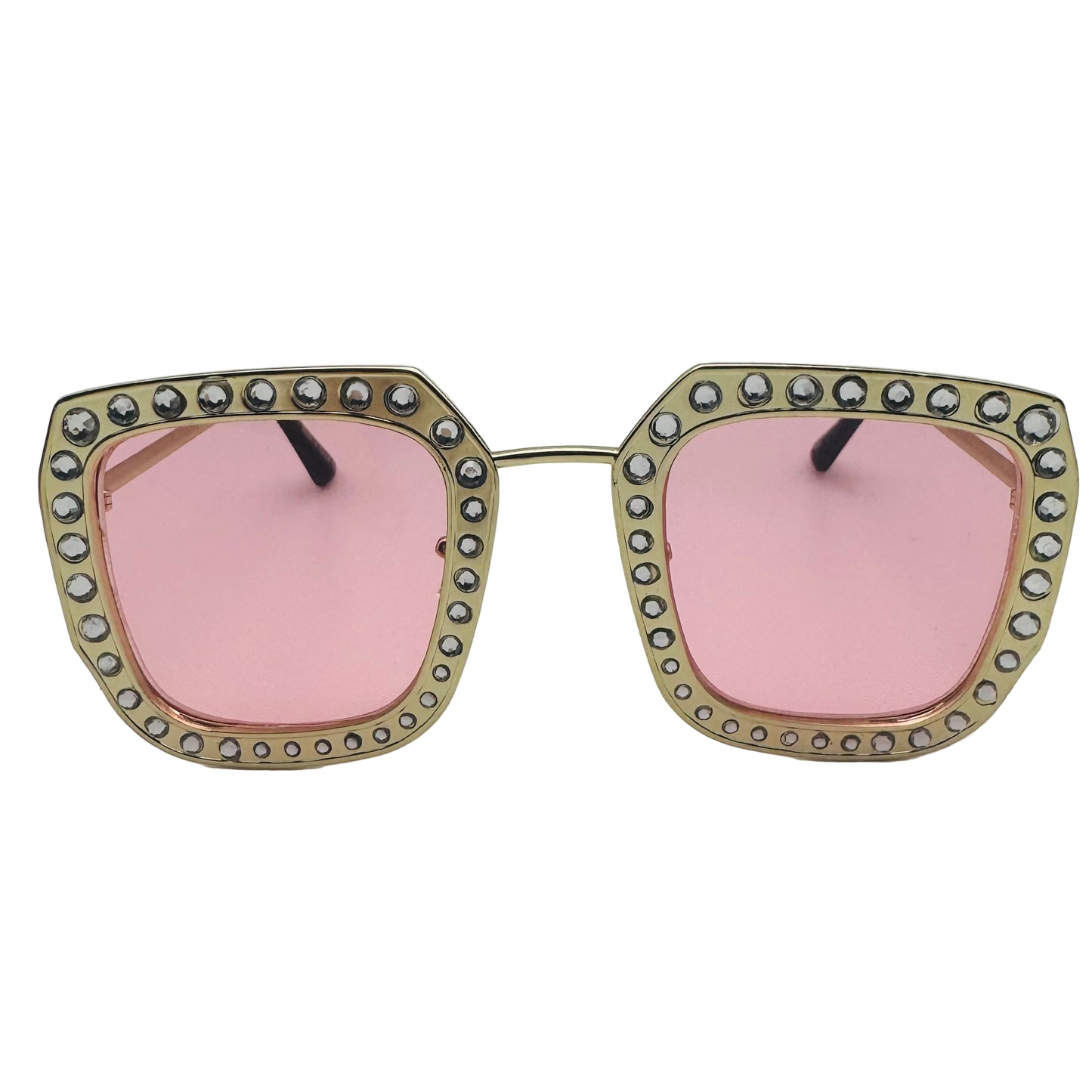 Sunglasses with pink lenses and decorative frame on a light gray background