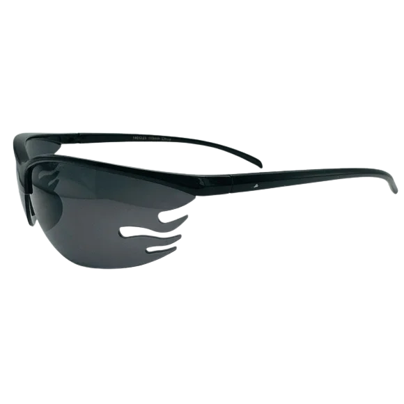 Black safety glasses with a white background