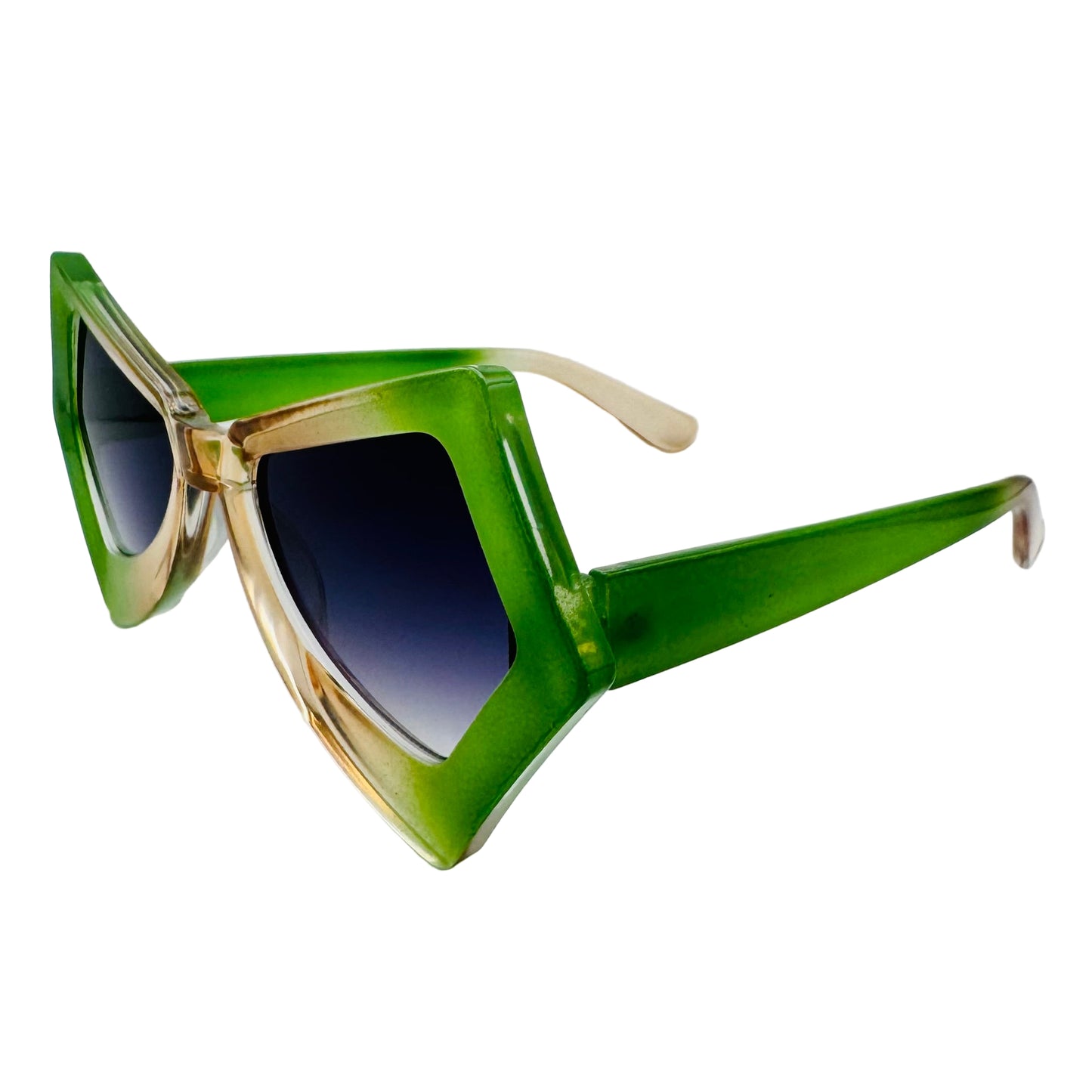 Green and beige sunglasses on a white background