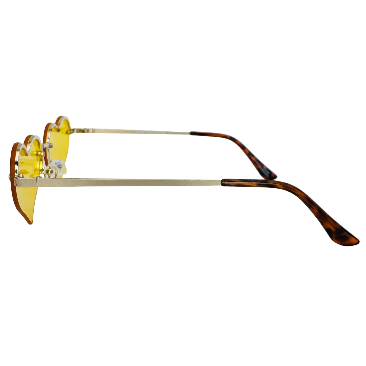 Sunglasses with yellow lenses and tortoiseshell frame on a light gray background