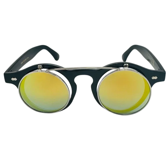 Round sunglasses with yellow lenses and black frames on a white background