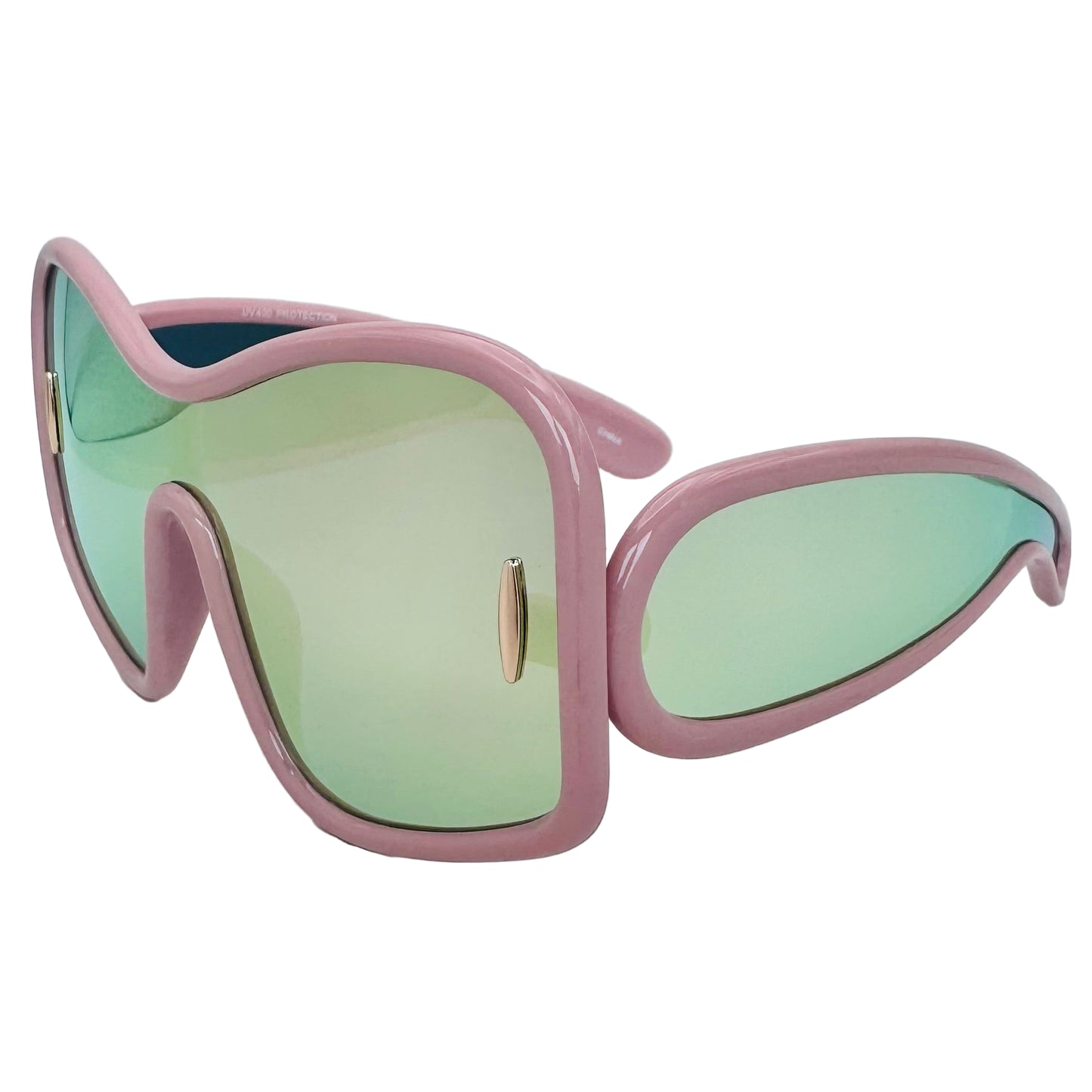 Pink sunglasses with green lenses on a light gray background