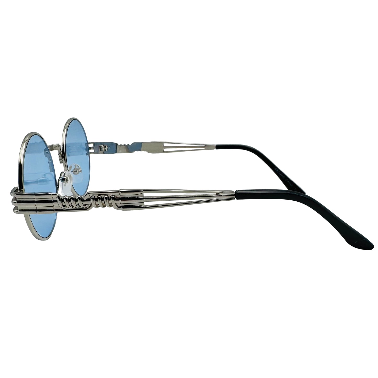 Sunglasses with a unique frame design on a light gray background
