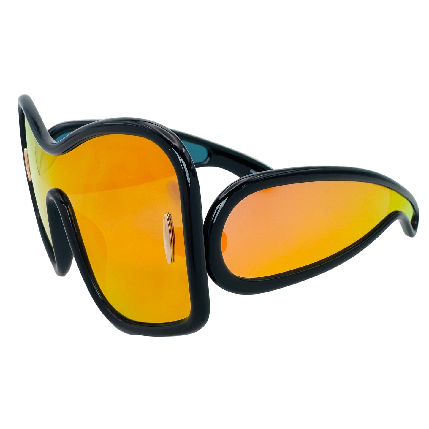 Sunglasses with black frame and yellow-tinted lenses on a white background