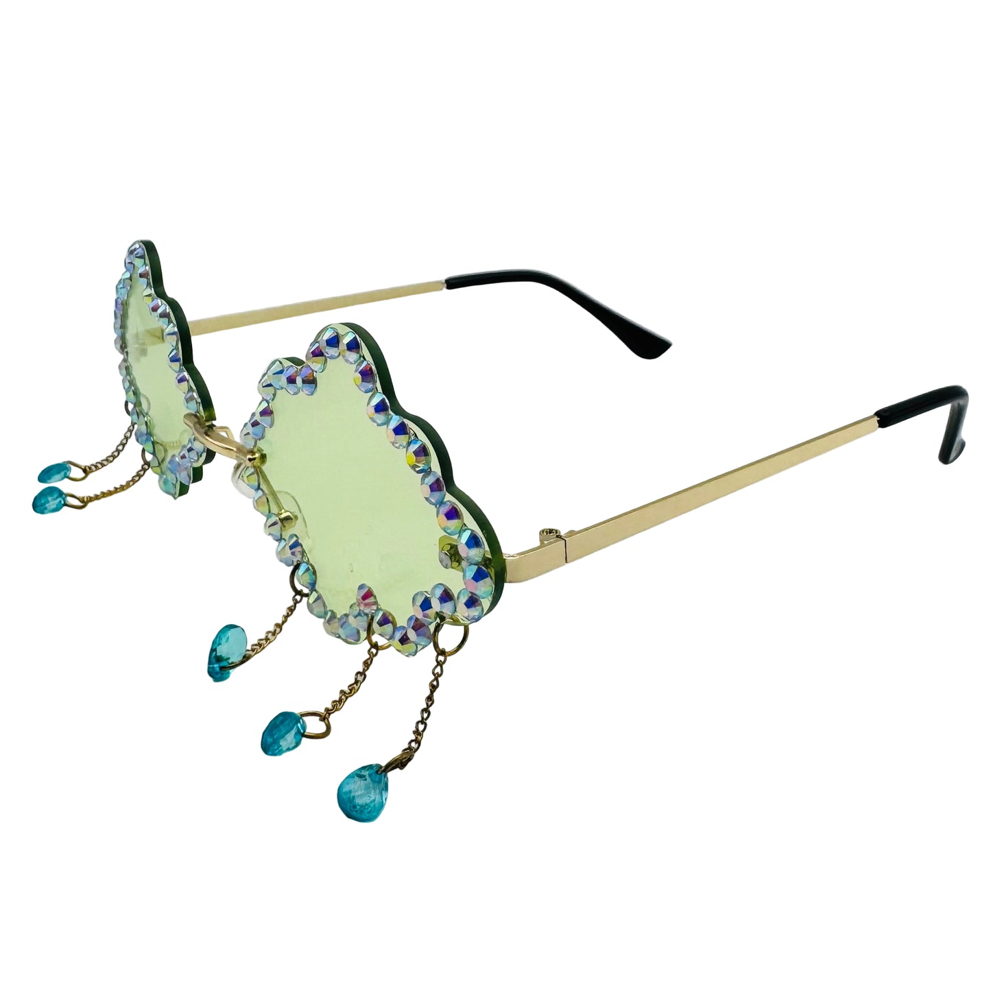 Decorative sunglasses with gemstone embellishments on a light gray background