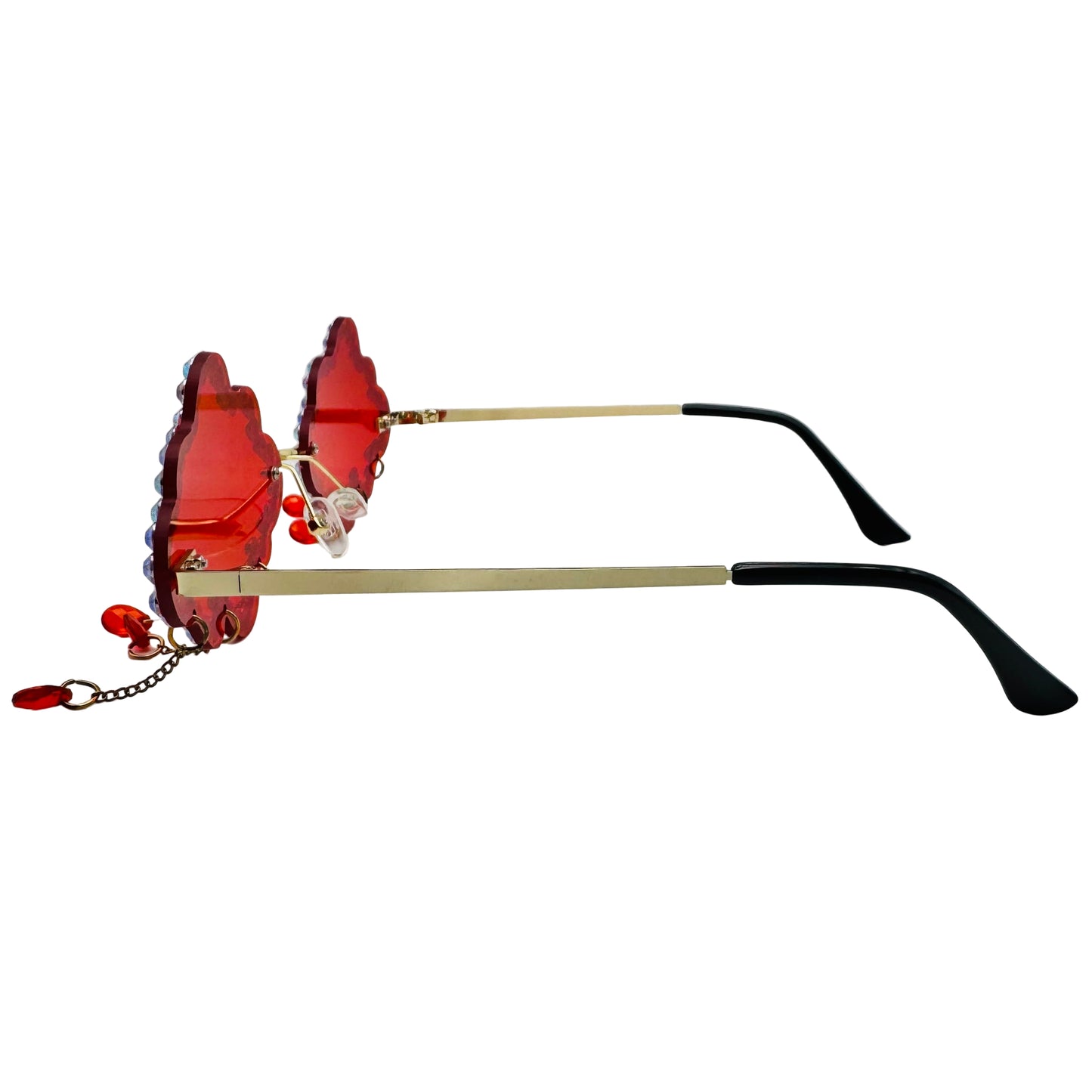 Sunglasses with red lenses and black frames on a white background