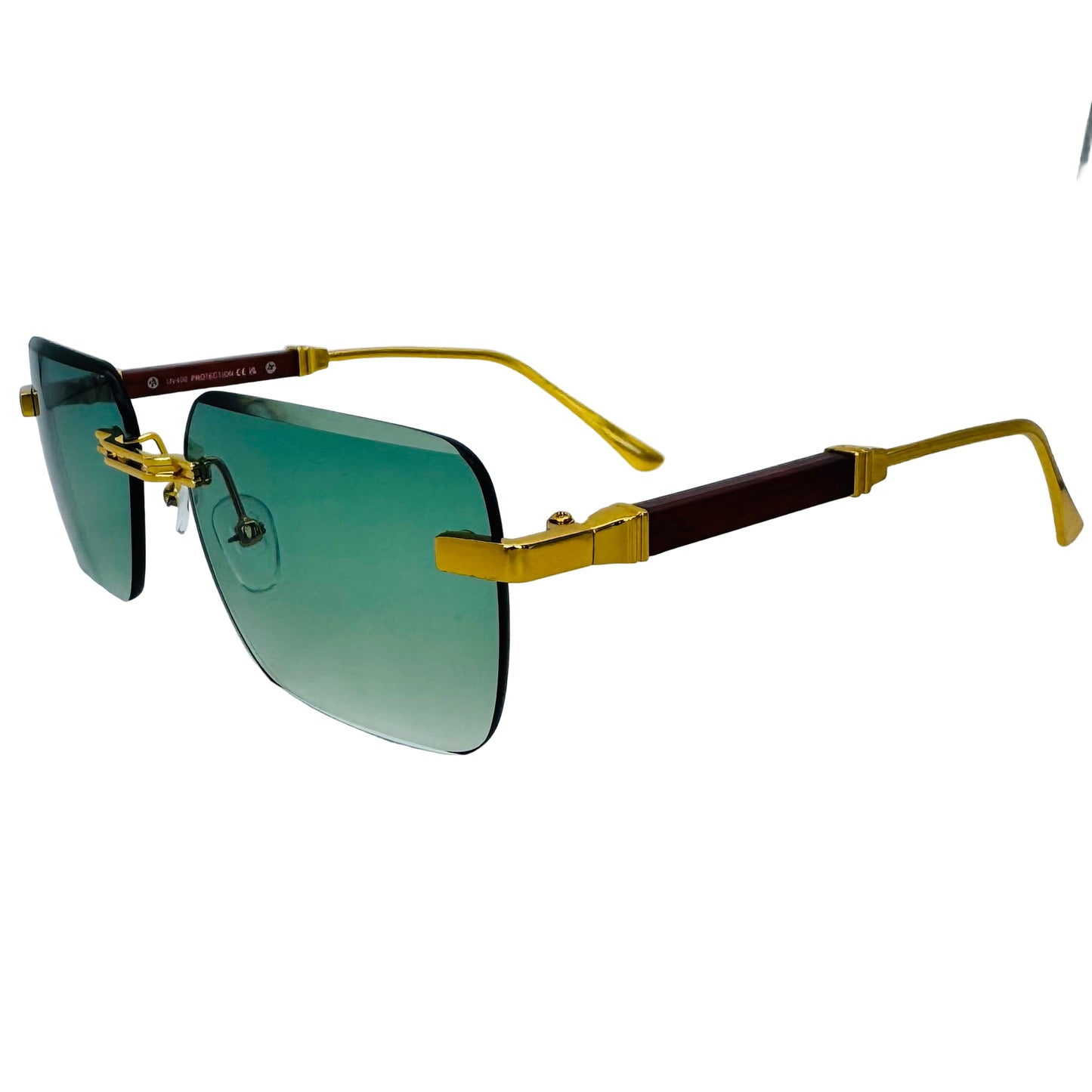 Sunglasses with gold frame and green gradient lenses on a light gray background