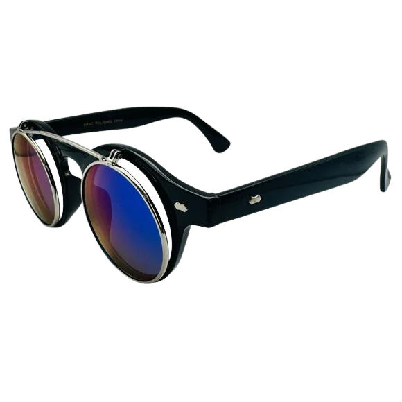 Black round sunglasses with blue reflective lenses on a white background