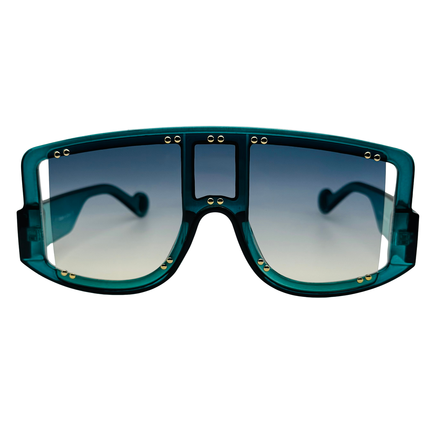 Teal sunglasses with gold accents on a white background