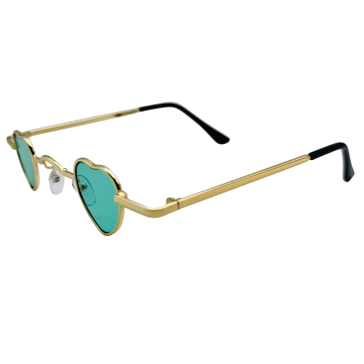 Gold-framed sunglasses with green lenses on a light gray background