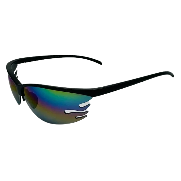 Sunglasses with black frame and multicolored lenses on a white background