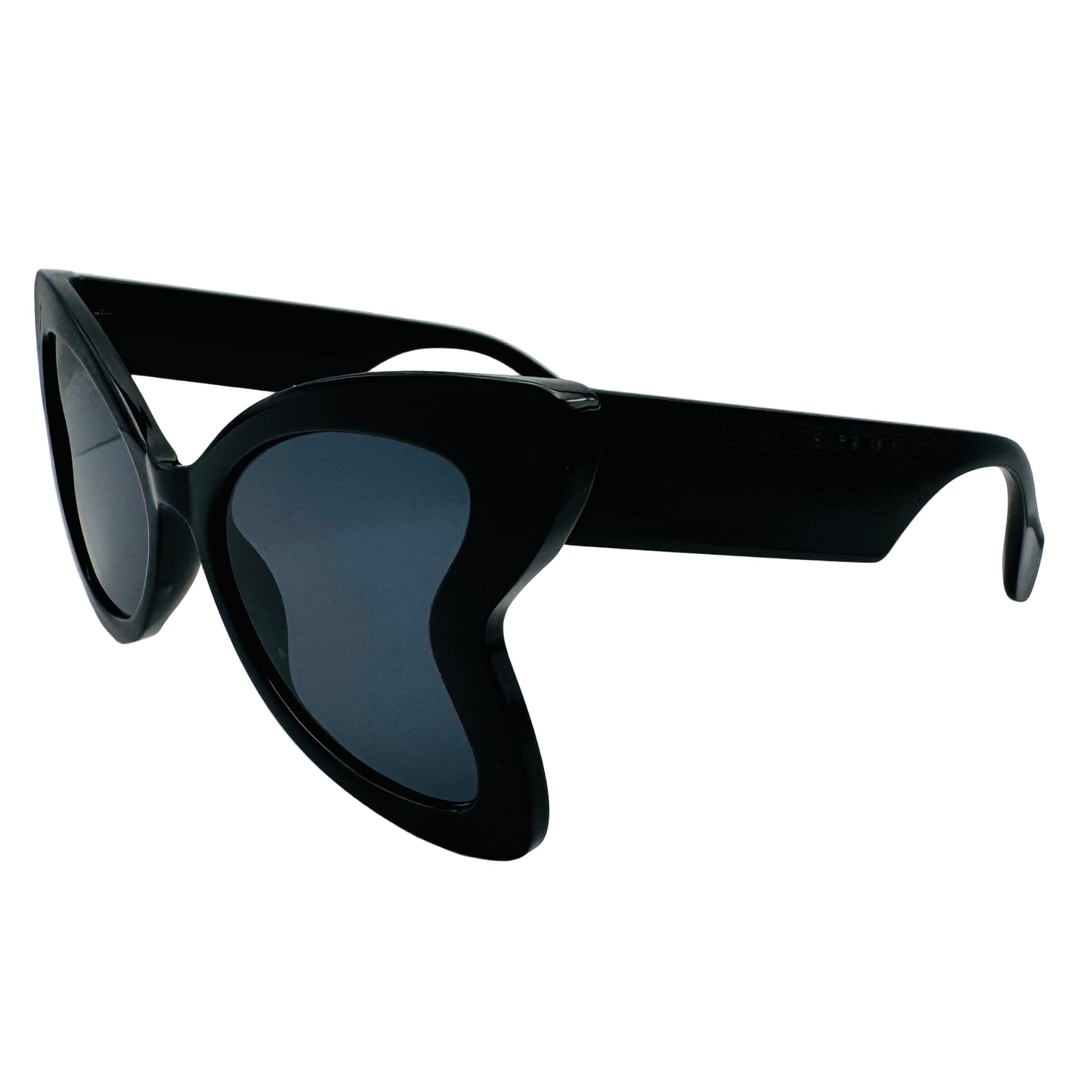 Black sunglasses with a unique frame design on a white background