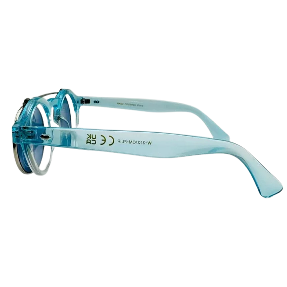 Blue sunglasses with clear frame on a white background