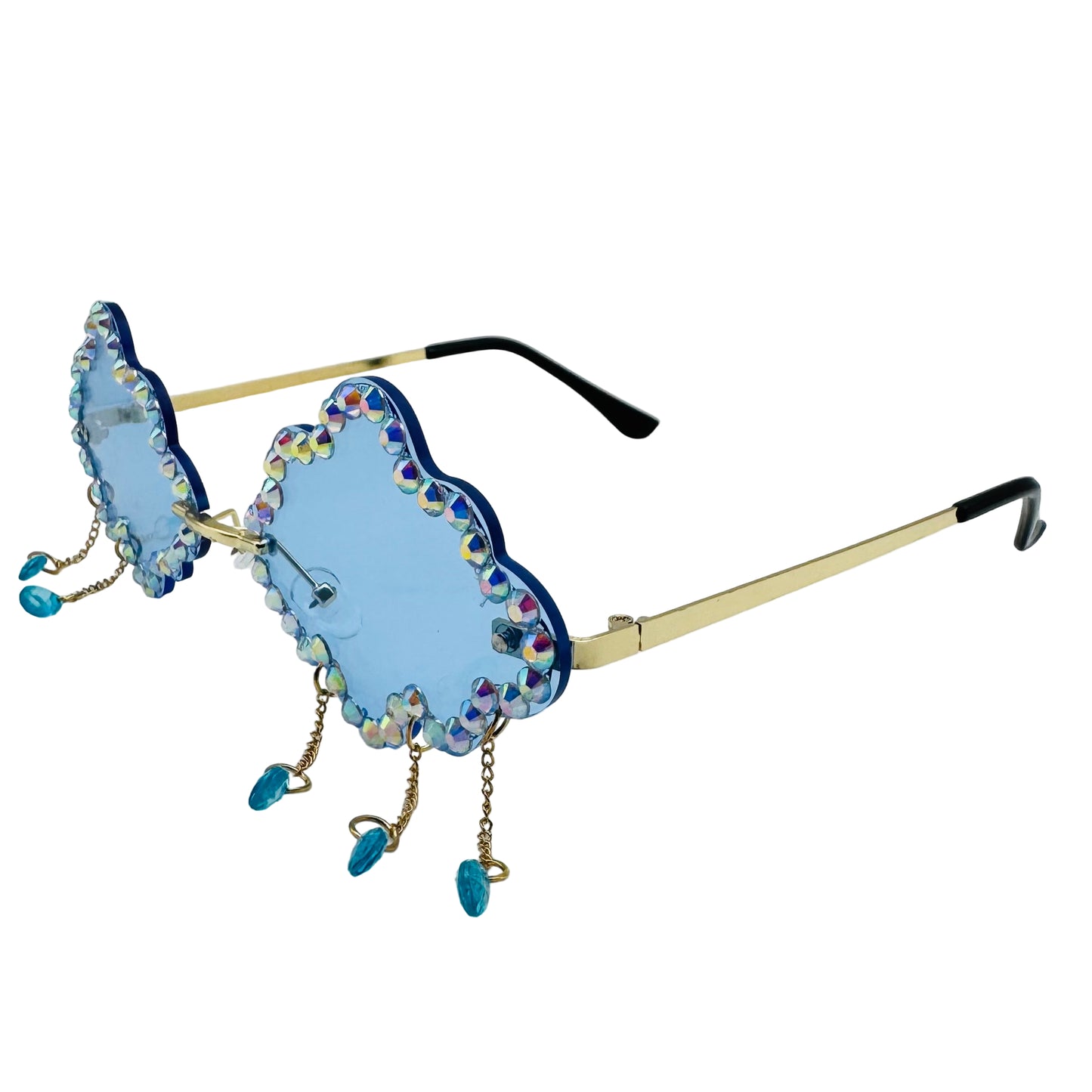 Sunglasses with blue lenses and decorative elements on a light gray background