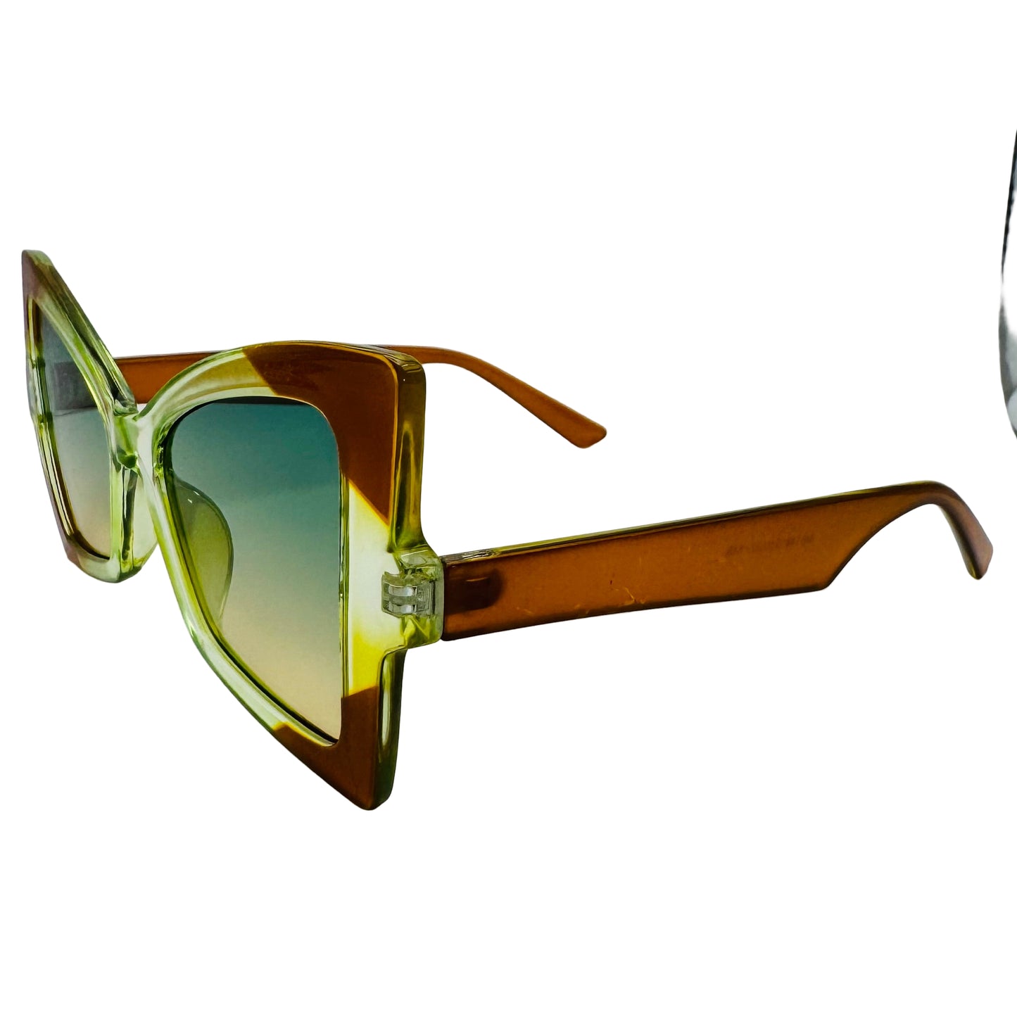 Sunglasses with a gradient green and brown frame on a white background