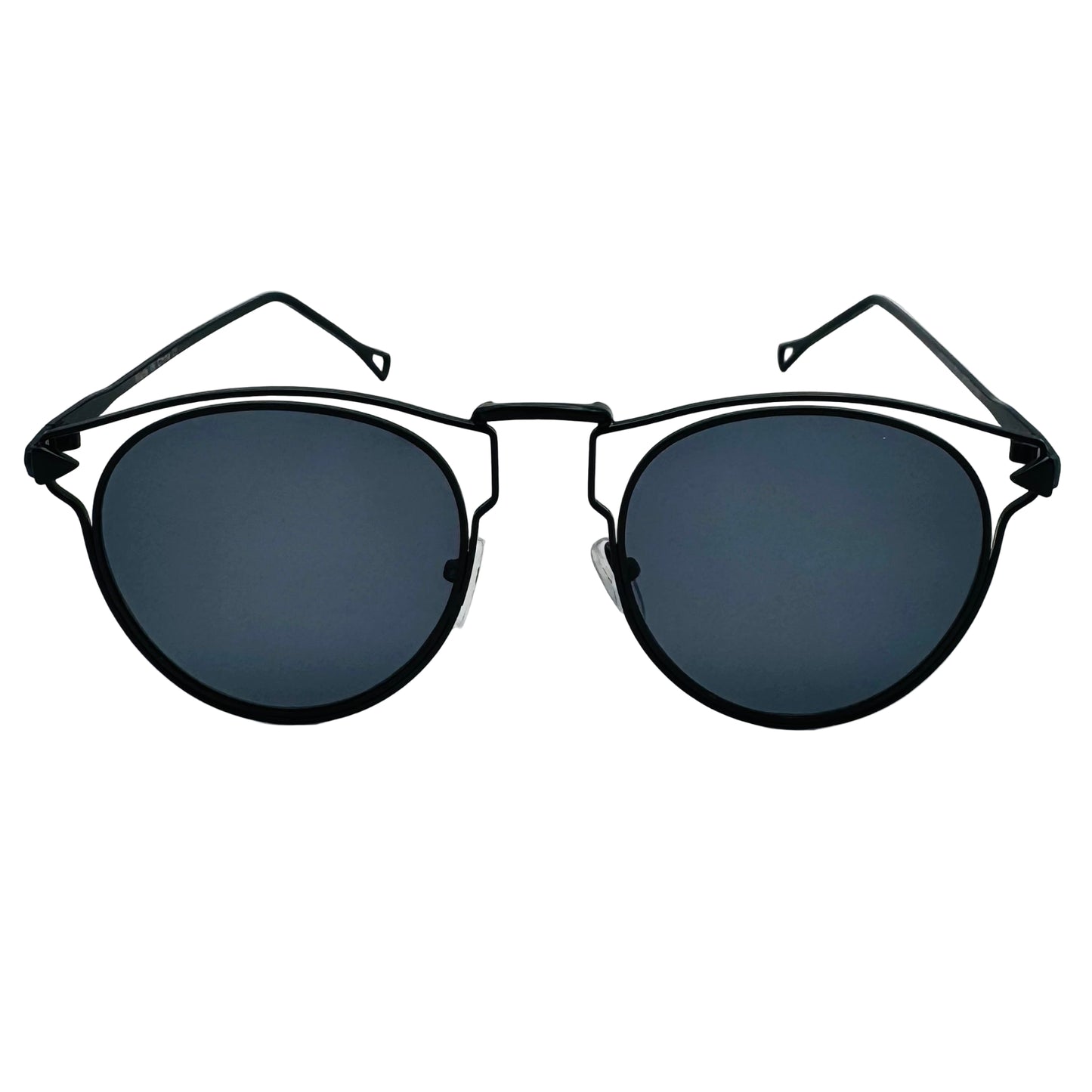 Round sunglasses with black frames and dark lenses on a light gray background