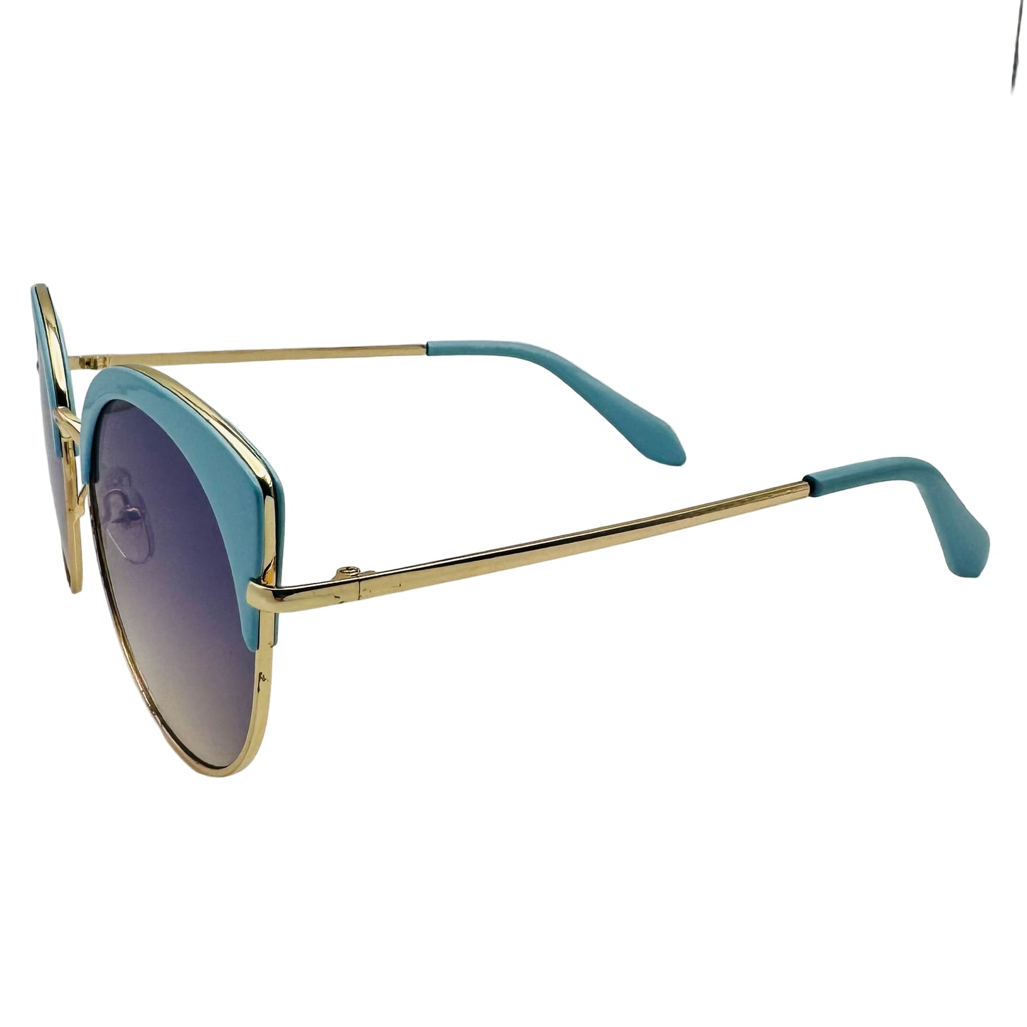 Sunglasses with gold frame and blue accents on a white background