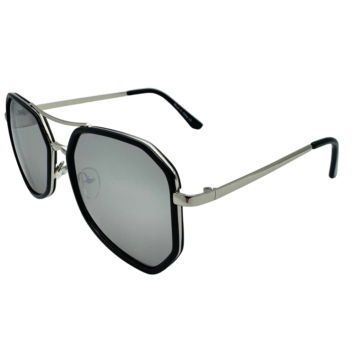 Sunglasses with black frames and reflective lenses on a light gray background