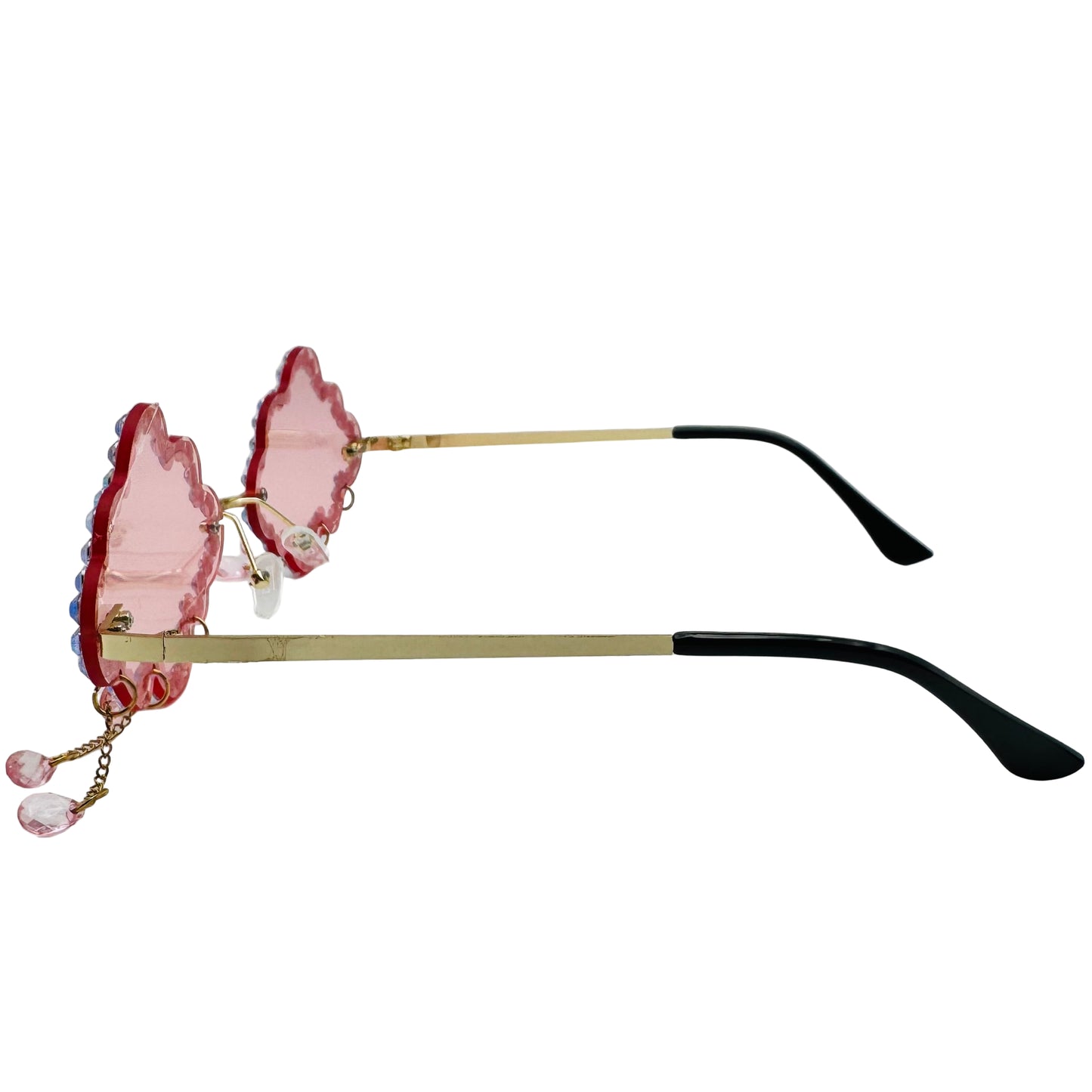 Sunglasses with pink floral frames on a light gray background