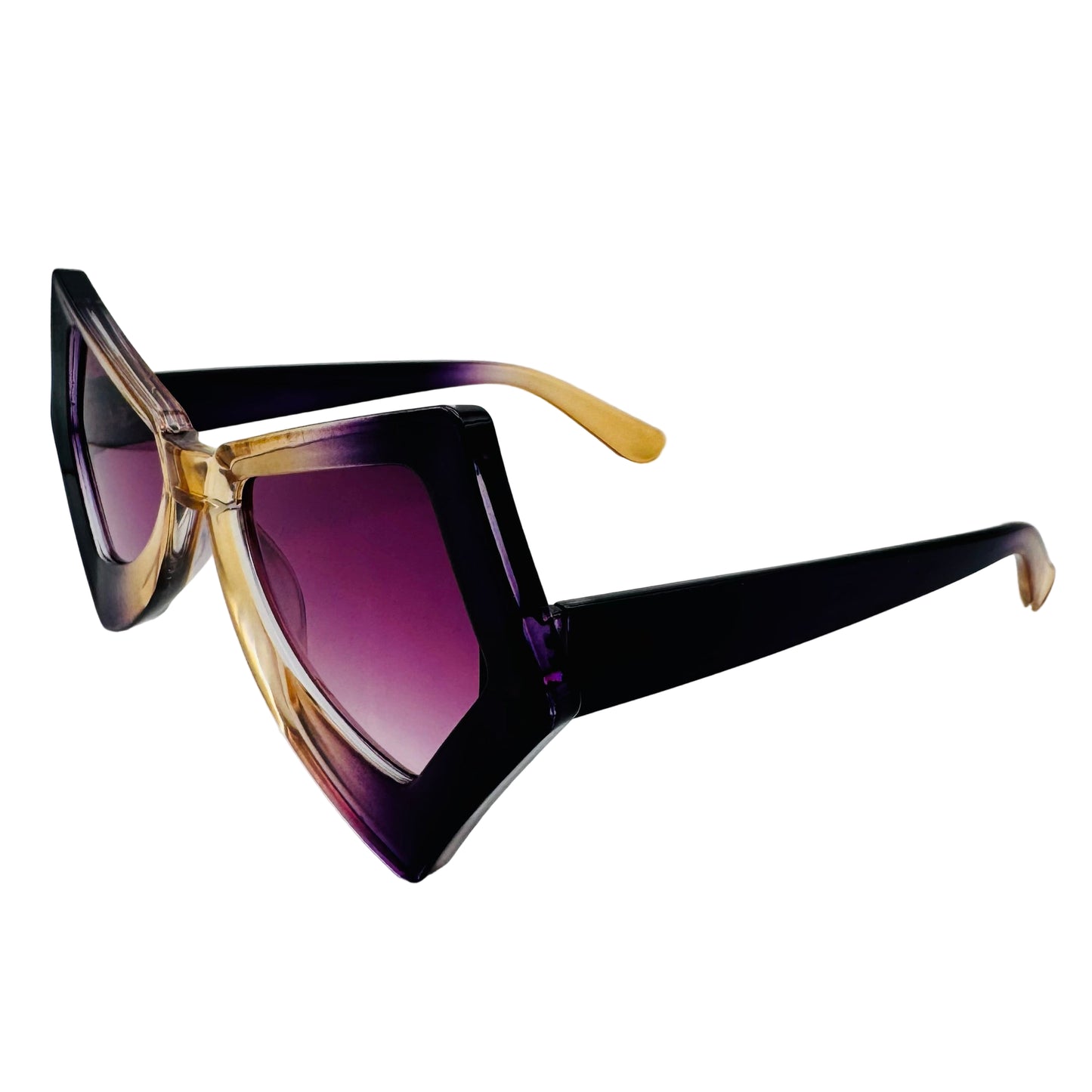 Sunglasses with a gradient purple lens on a white background