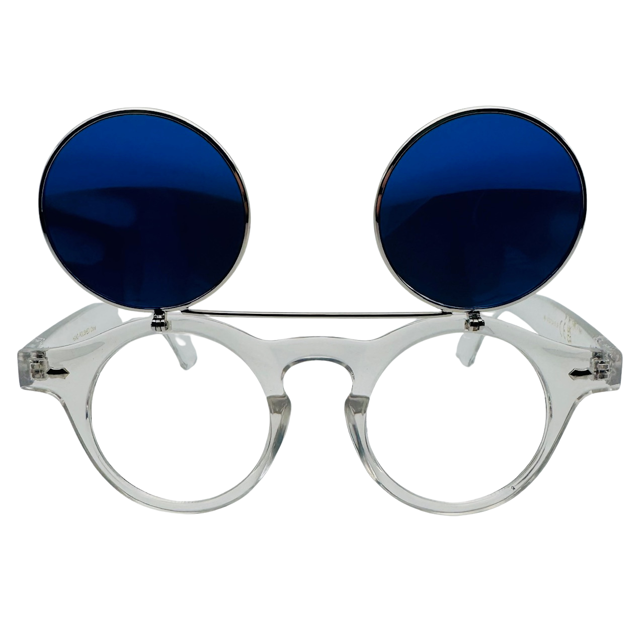 Clear frame eyeglasses with blue round lenses on a white background