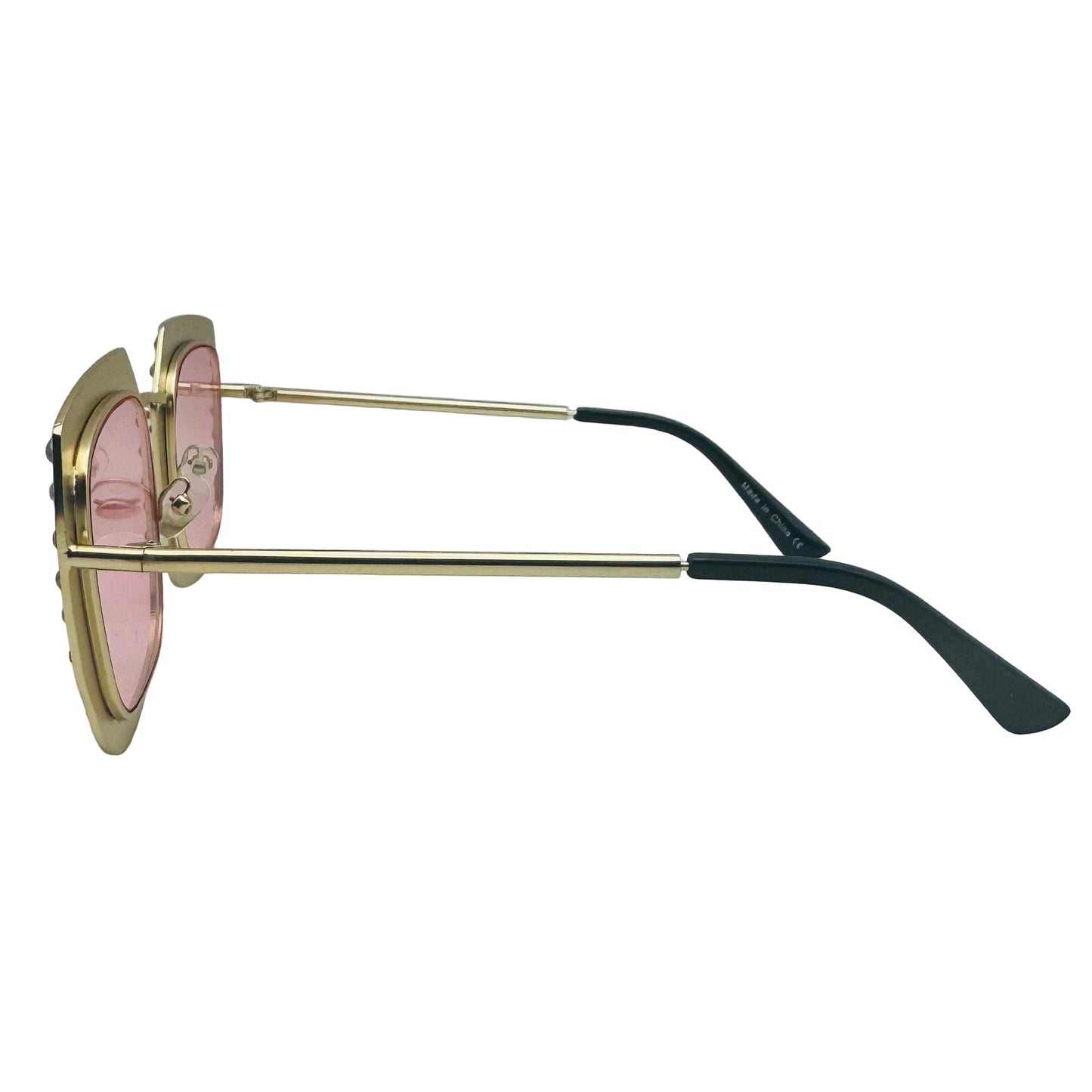 Sunglasses with gold frame and pink lenses on a light gray background