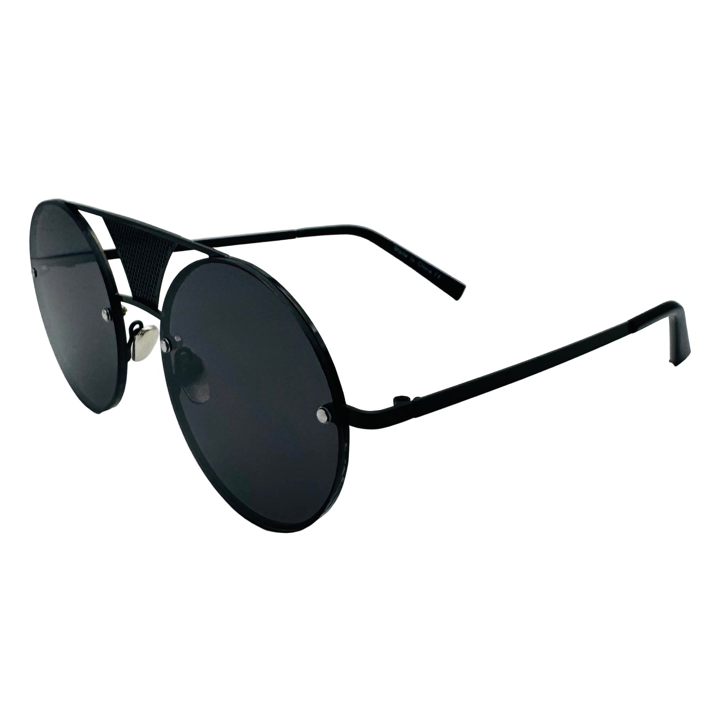 Black sunglasses with a reflective surface on a light gray background