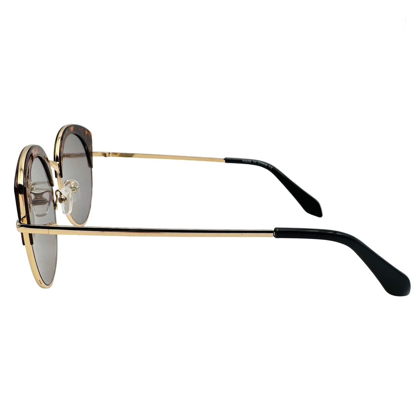 Sunglasses with gold frame and black arms on a white background