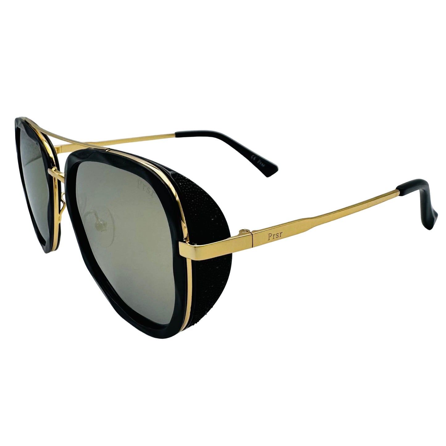 Sunglasses with black lenses and gold frames on a white background