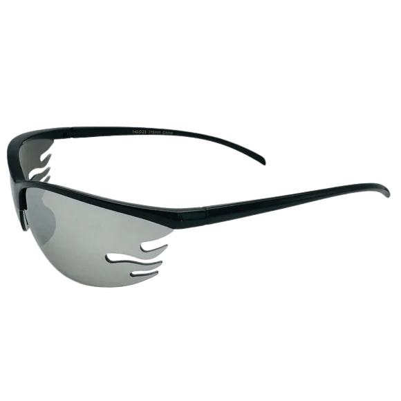 Sunglasses with black frame and reflective lenses on a white background