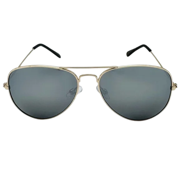 Aviator sunglasses with gold frame and dark lenses on a white background