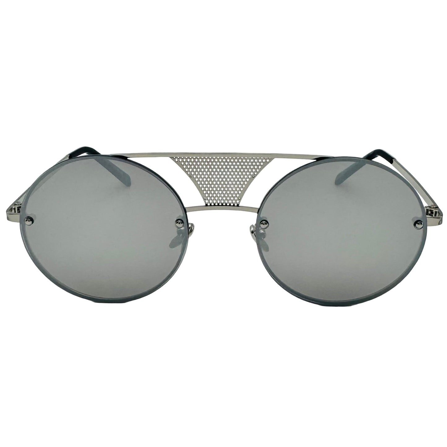 Round sunglasses with metallic frame and gray lenses on a light gray background
