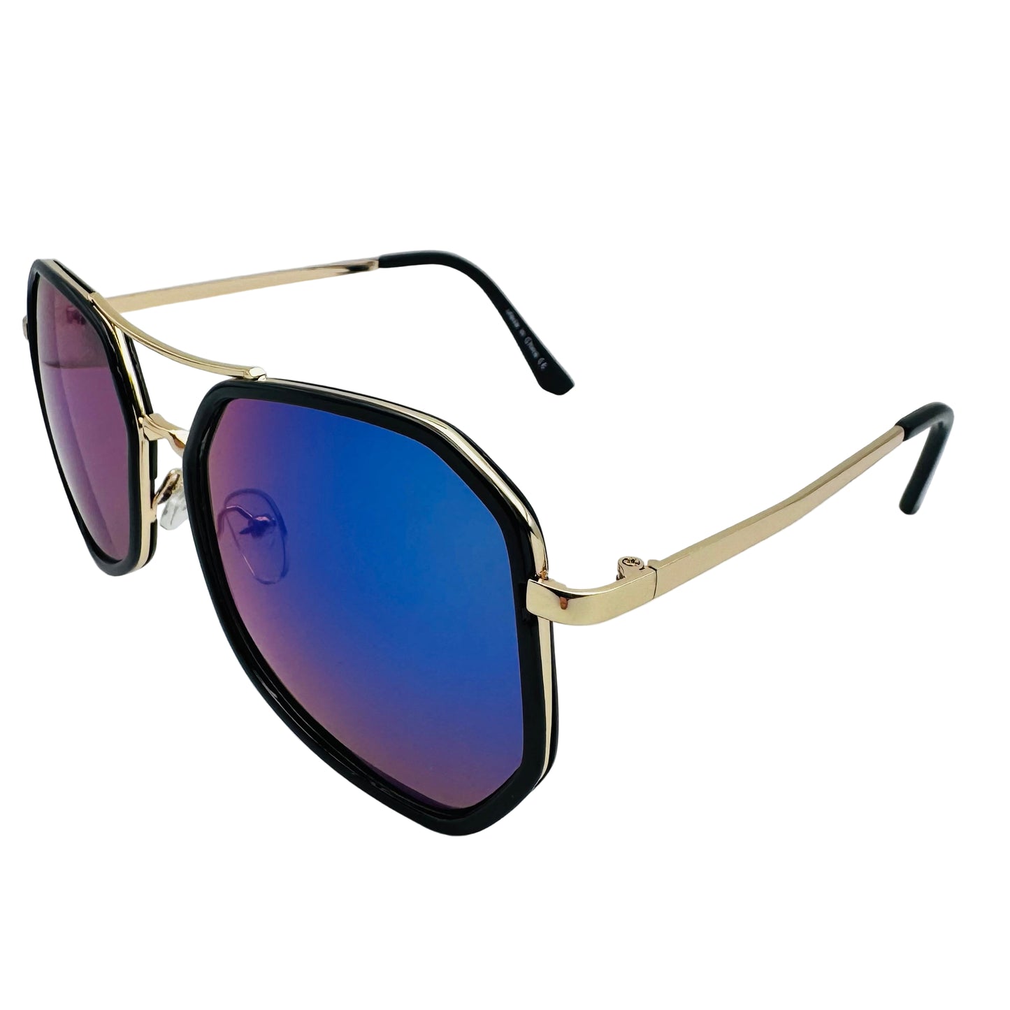 Sunglasses with gold frame and blue gradient lens on a light gray background