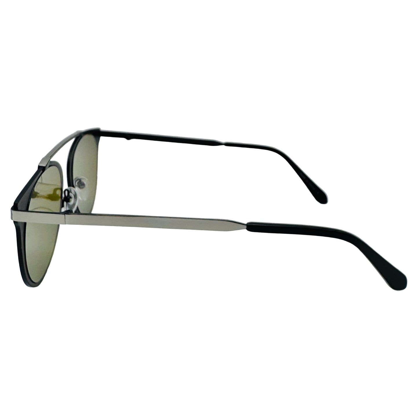 Sunglasses with black frame and reflective lenses on a white background