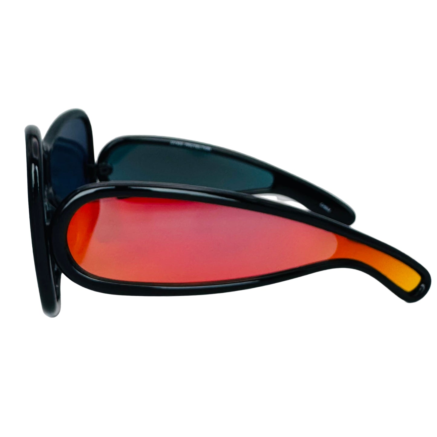 Sunglasses with black frame and red-orange lens on a light gray background