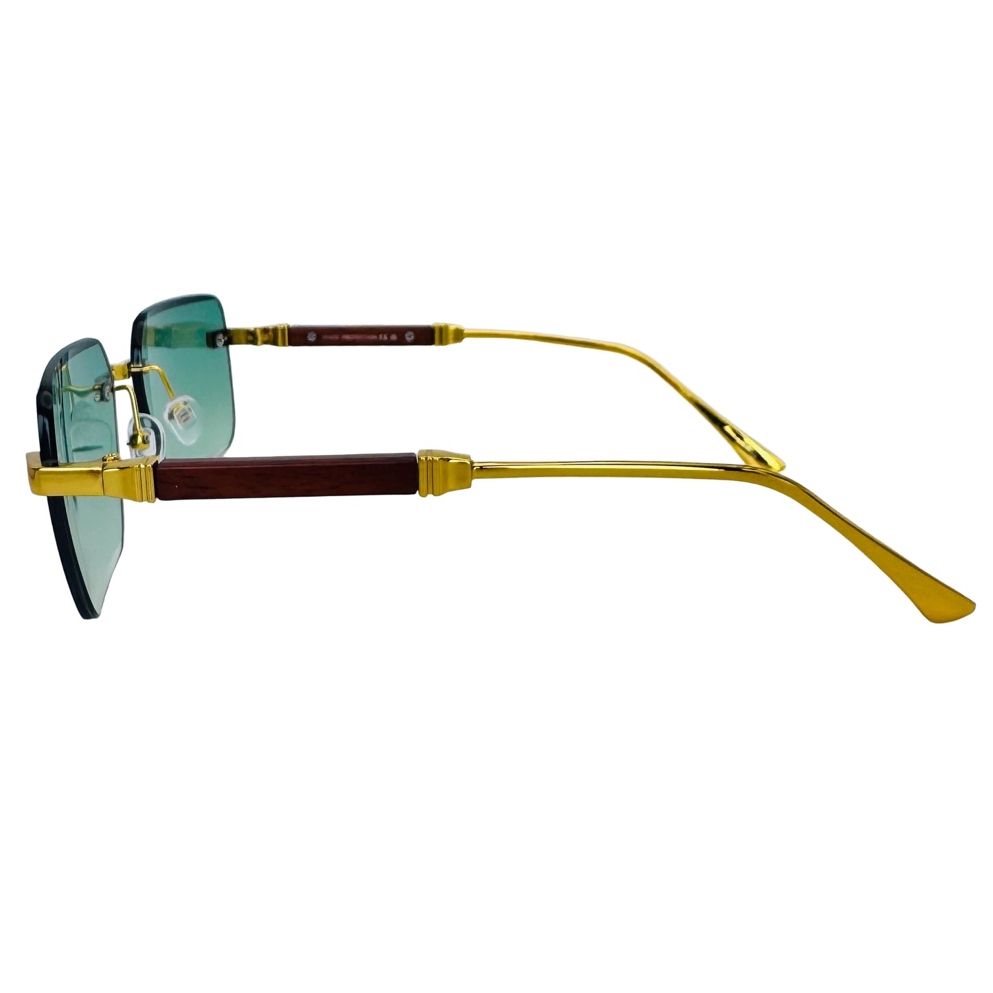 Sunglasses with gold frame and wooden accents on a light gray background