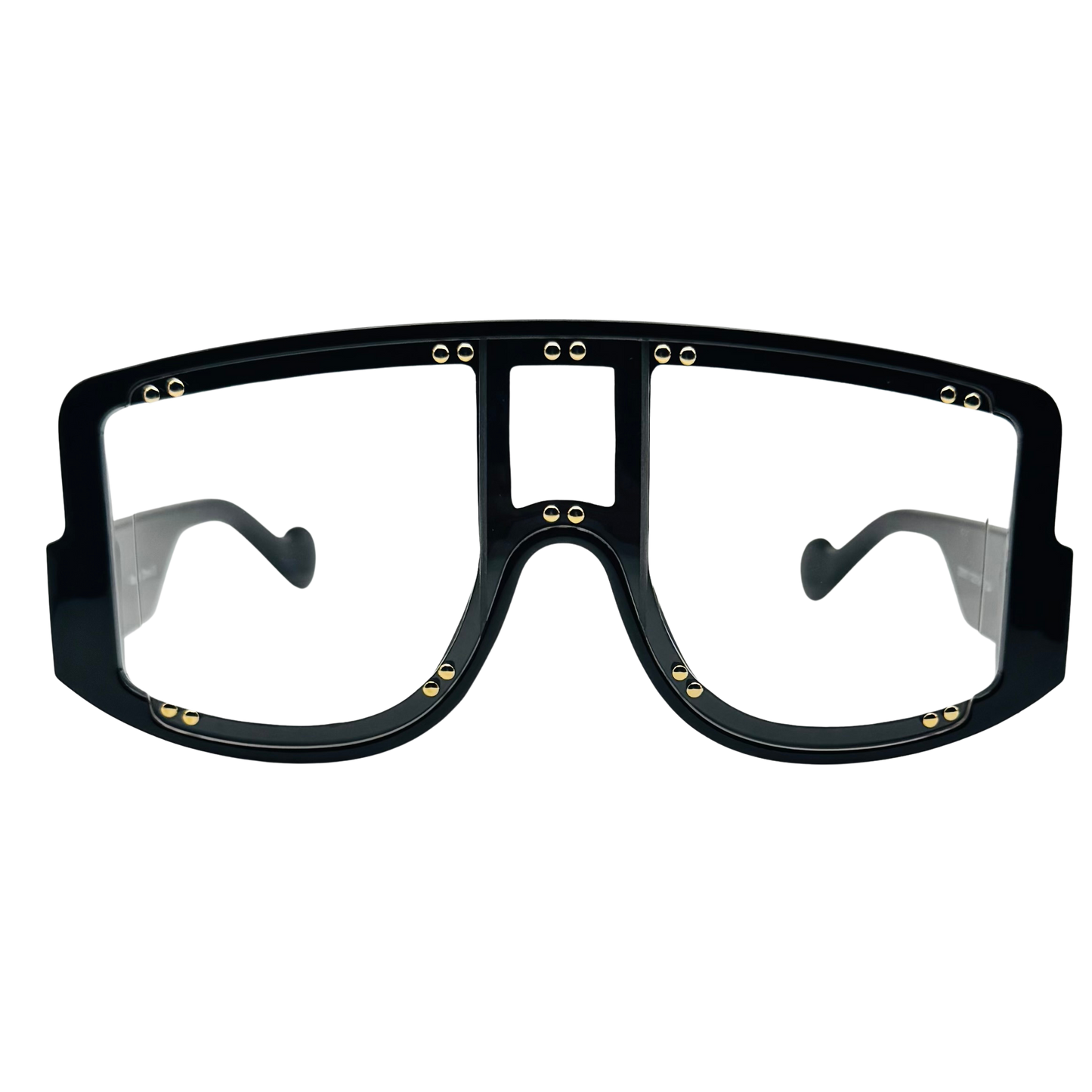 Black goggles with gold accents on a white background