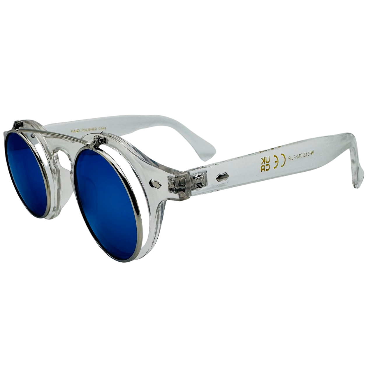 Sunglasses with blue lenses and silver frame on a white background