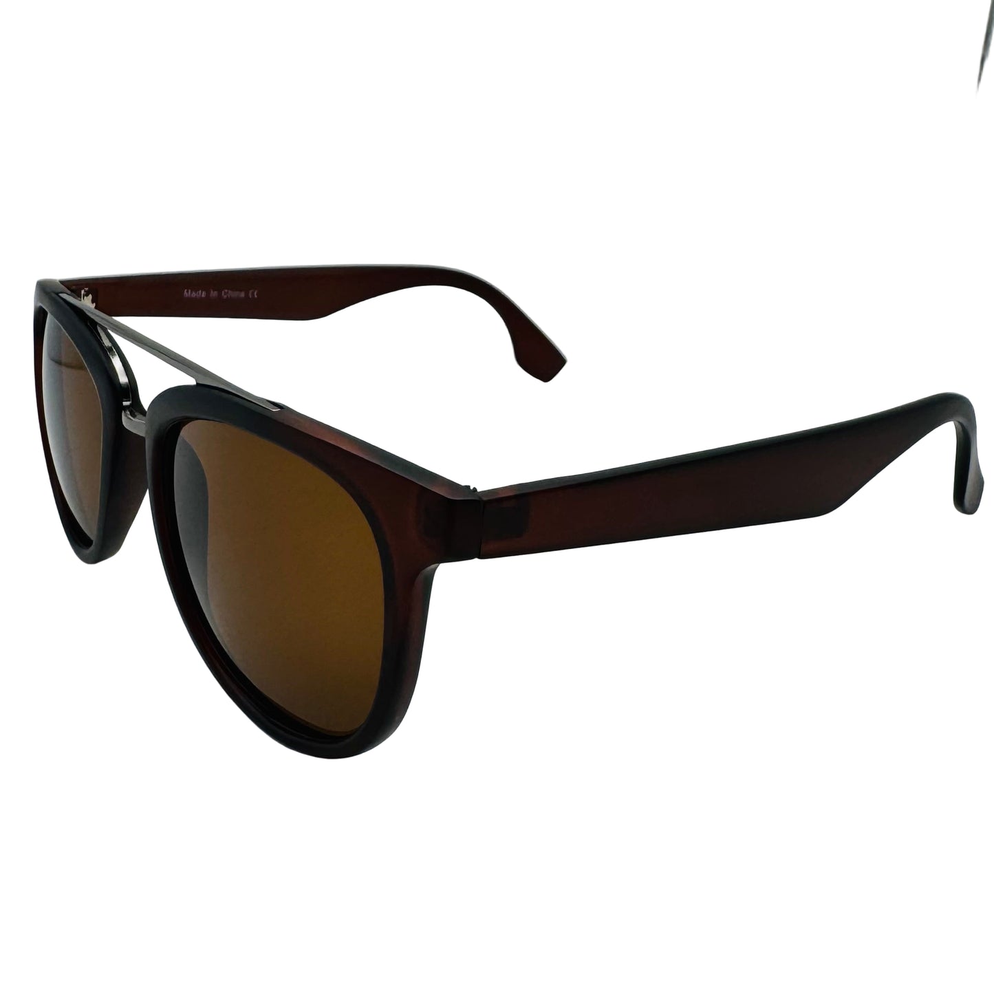Sunglasses with brown lenses and dark frames on a light gray background