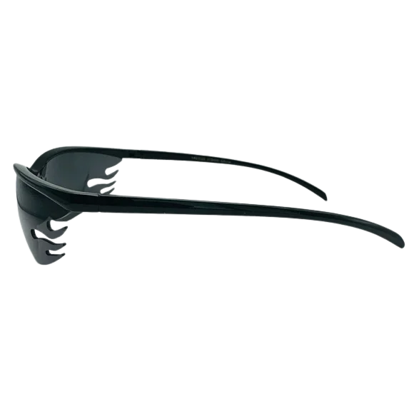 Black sunglasses with a flame design on a white background
