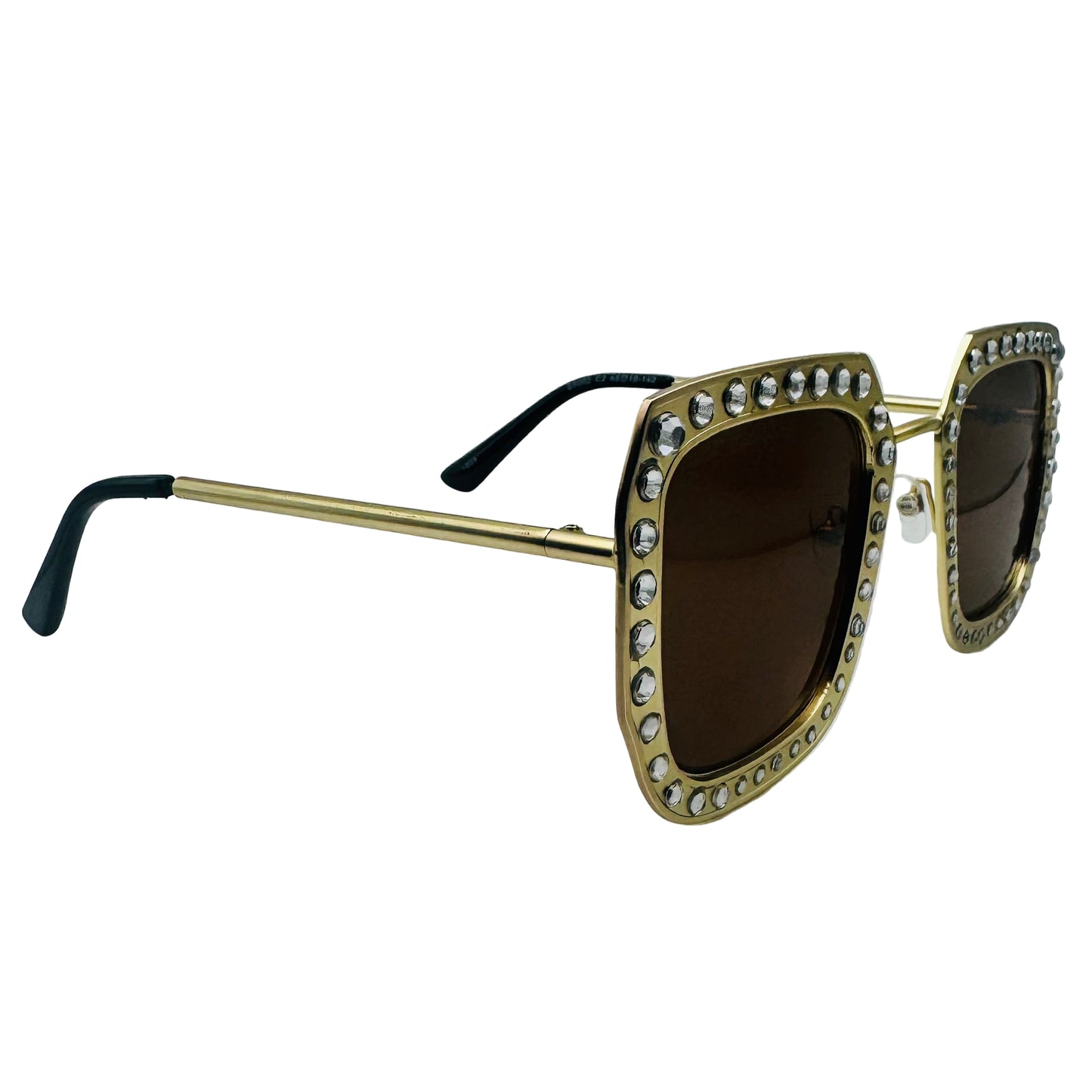 Gold-framed sunglasses with gemstones on a white background