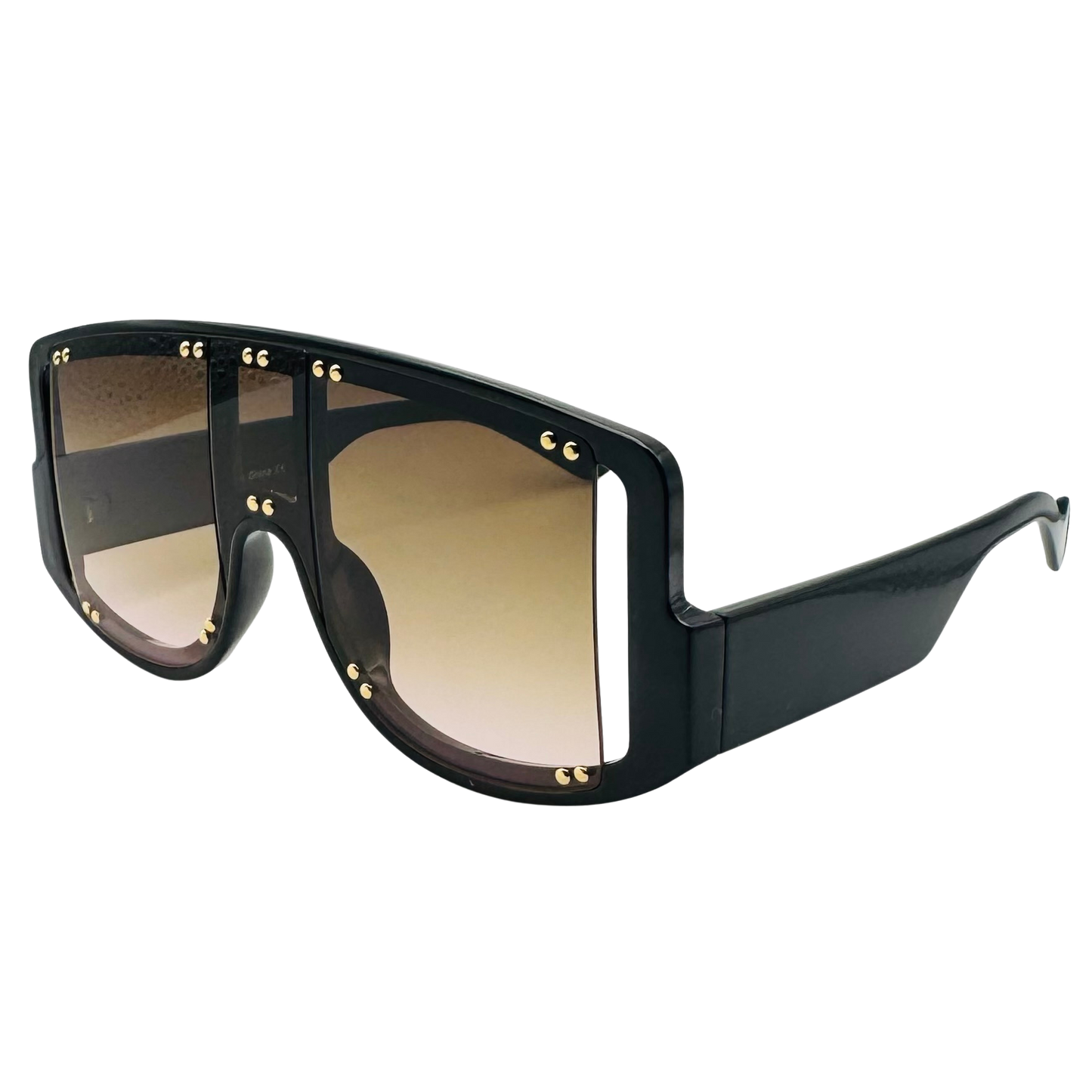 Black sunglasses with gold accents on a white background