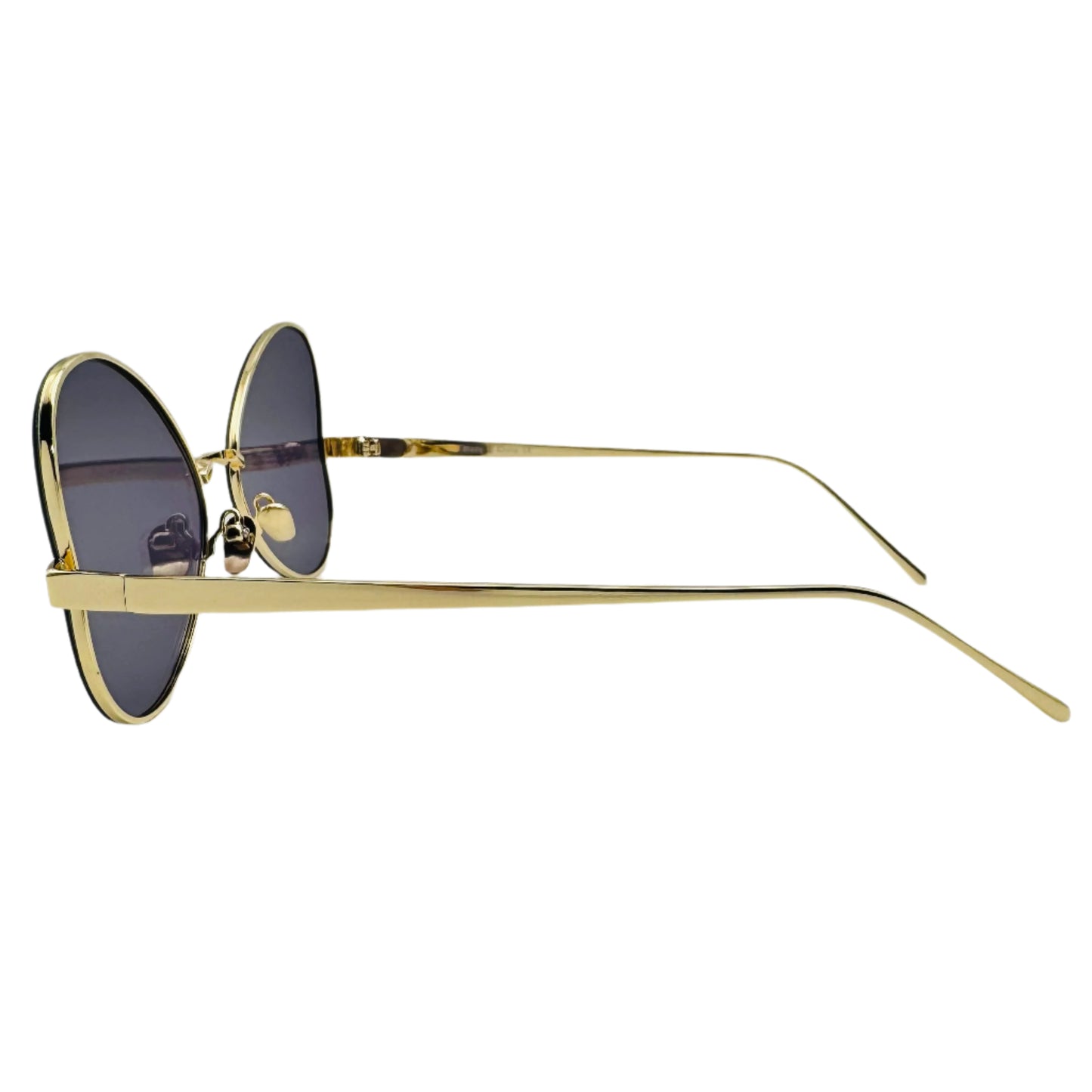 Gold-framed sunglasses with dark lenses on a white background