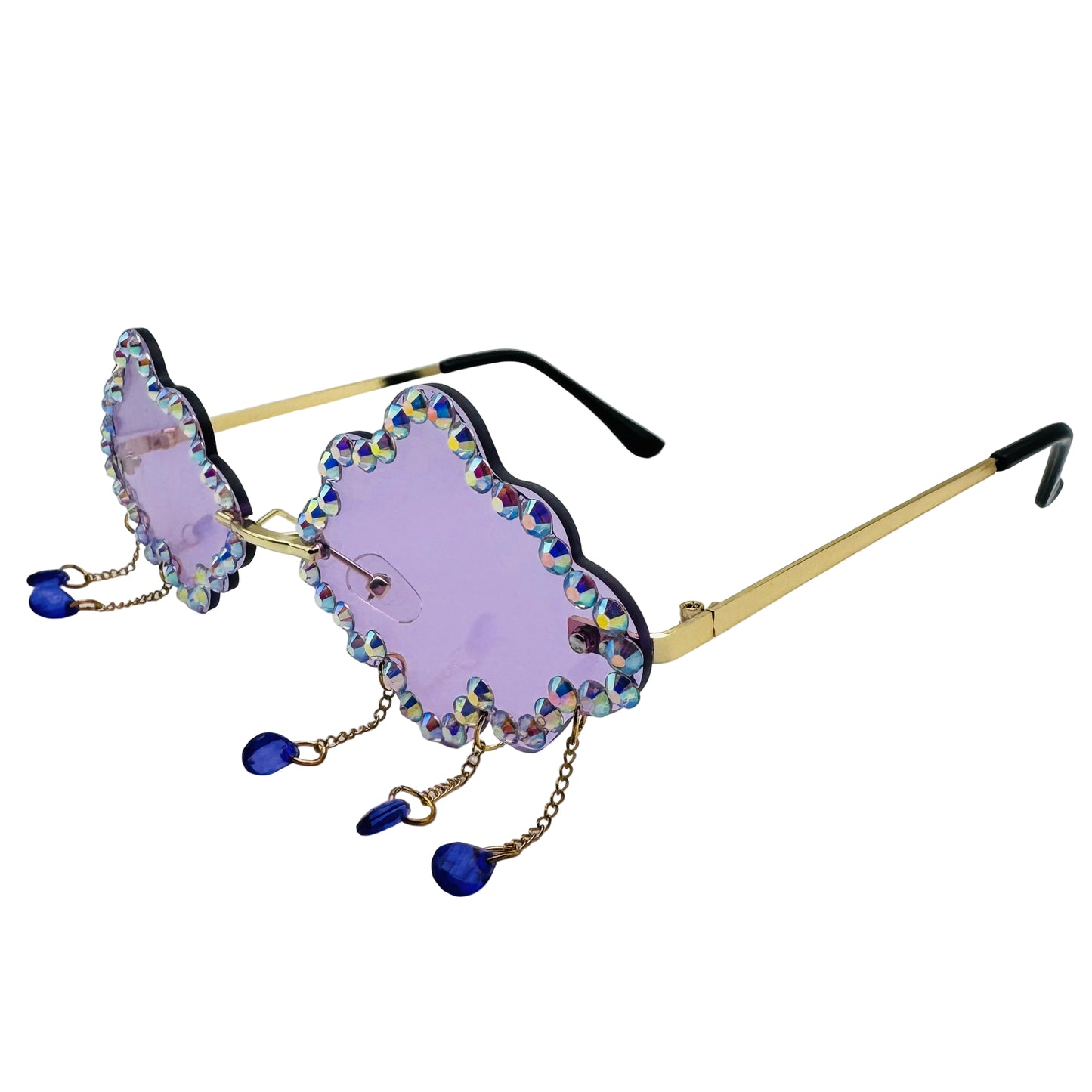 Sunglasses with purple lenses and gold frame on a white background