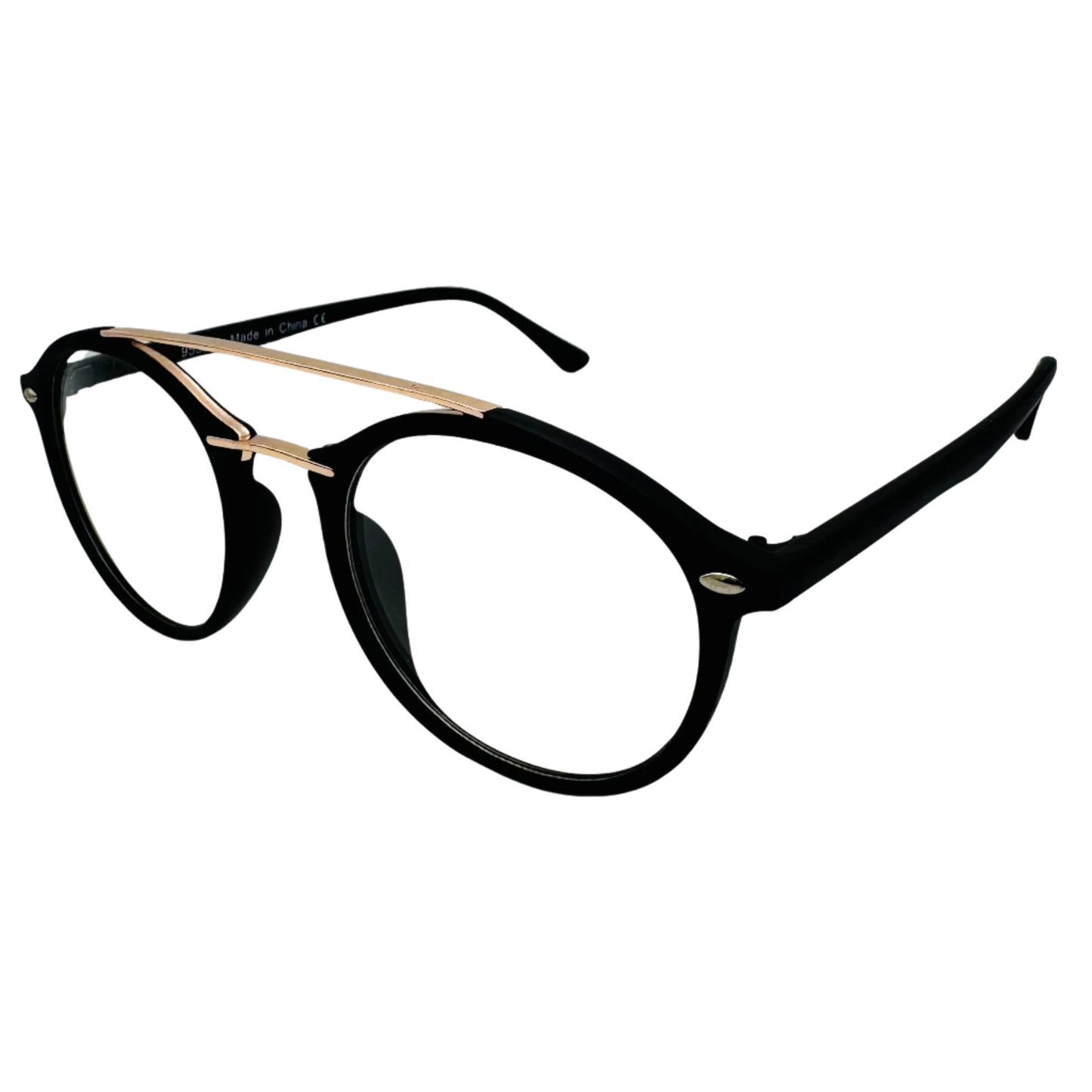 Black/Gold Round Clear Lens Nerd Glasses