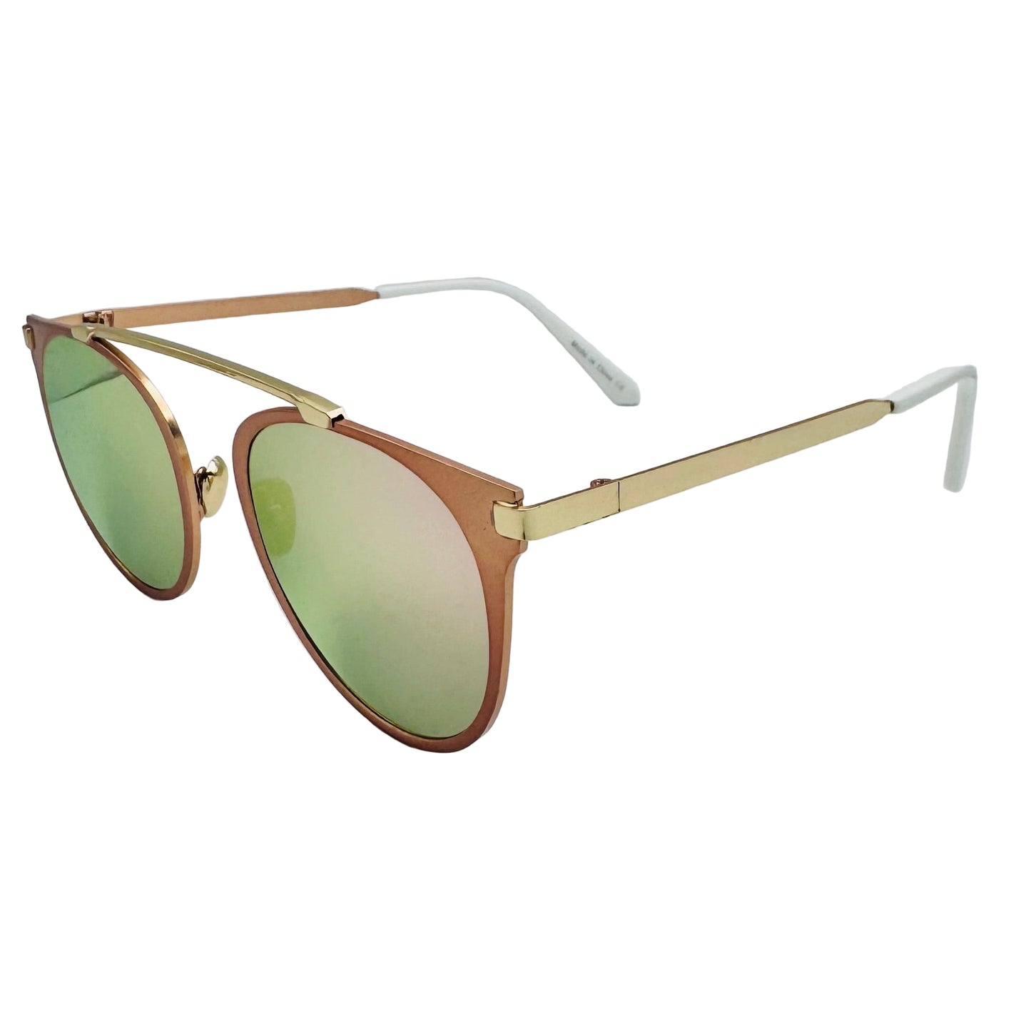 Sunglasses with gold frame and green lenses on a light gray background