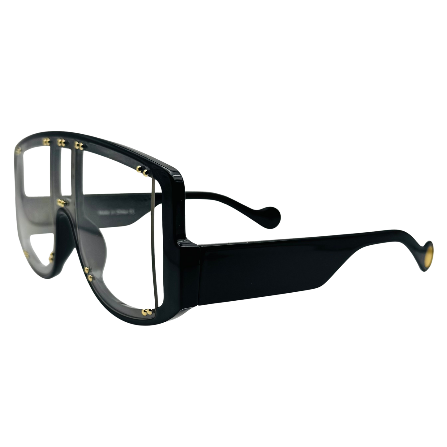 Black sunglasses with gold accents on a white background