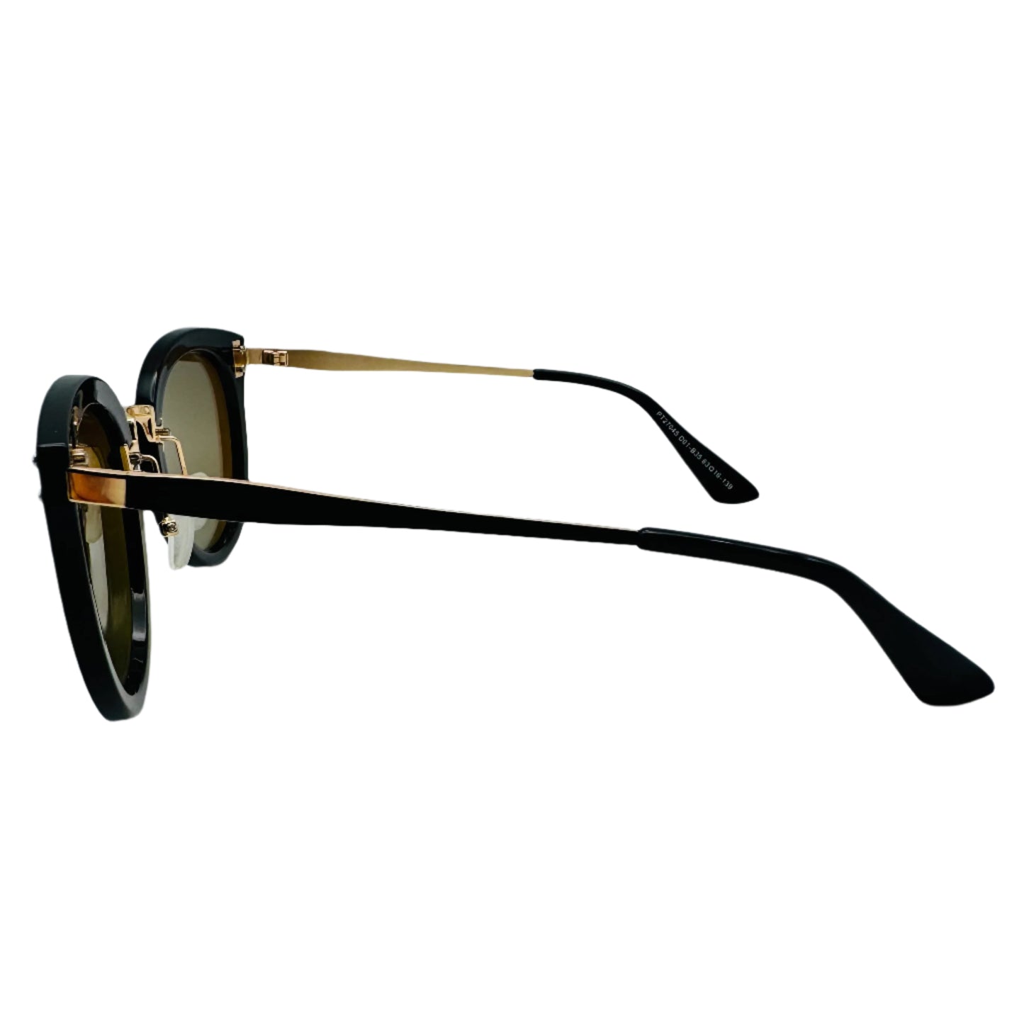 Black sunglasses with gold accents on a white background